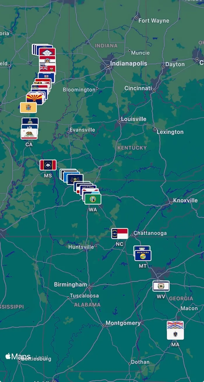 flags showing where we saw each license plate on the trip from IL