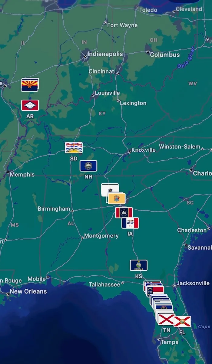 flags showing where we saw each license plate on the trip to IL