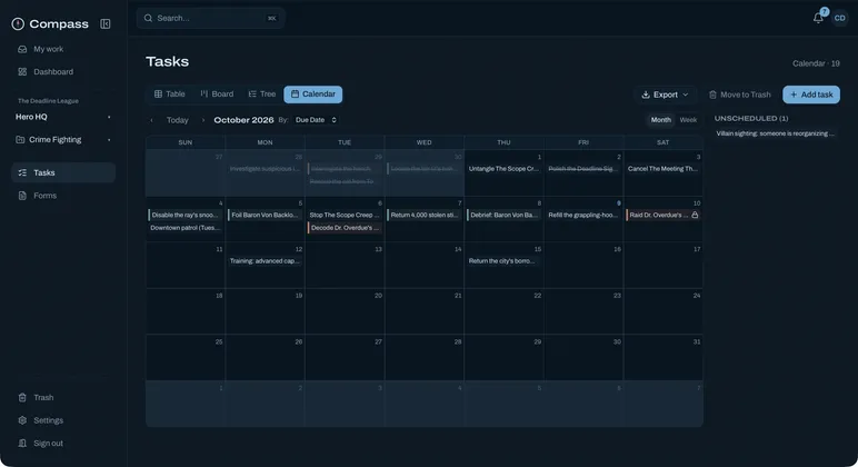 Month calendar for October 2026 with tasks placed on their due dates and one unscheduled task listed beside it