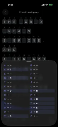 A cryptogram of an Ernest Hemingway quote, partly solved to read THE _ORLD _REA_S E_ER_ONE, AND, with the Decoder Ring sheet open below it, listing each cipher letter and the letter guessed for it
