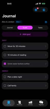 Goals list with daily and weekly goals, one checked off