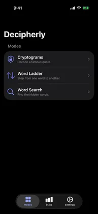 Decipherly's Modes screen listing Cryptograms, Word Ladder and Word Search