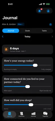 Glade Journal tab showing a six-day streak and slider prompts for energy, connection, and sleep