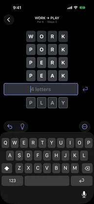 A Word Ladder from WORK to PLAY with a par of 6, three steps in at PORK, PERK and PEAK, with the field for the next word above the keyboard