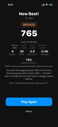 End-of-run screen showing a new best of 765, a Bronze tier, and a board potential of 79 percent
