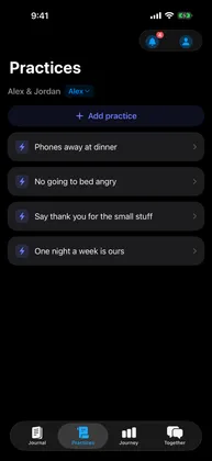 Practices list with shared agreements like phones away at dinner
