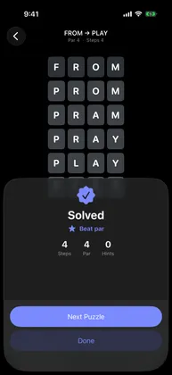 The Solved sheet over a finished ladder from FROM to PLAY, showing 4 steps, a par of 4 and no hints, marked Beat par, with Next Puzzle and Done buttons