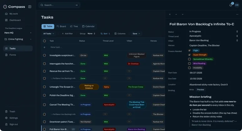 A task open in a side panel with its status, threat level, heroes, multi-select powers, dates, location and a formatted Markdown briefing