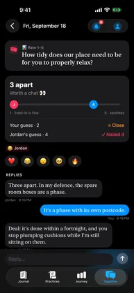 A rate-one-to-five question revealed, comparing both partners' answers and guesses, with replies below