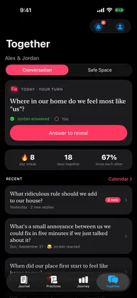 Together tab showing today's question awaiting an answer, the streak, and recent conversations