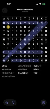 An 11 by 11 Makers of History word search with five of its ten words found and crossed off the list, and a hint lighting the first letter of BOIS