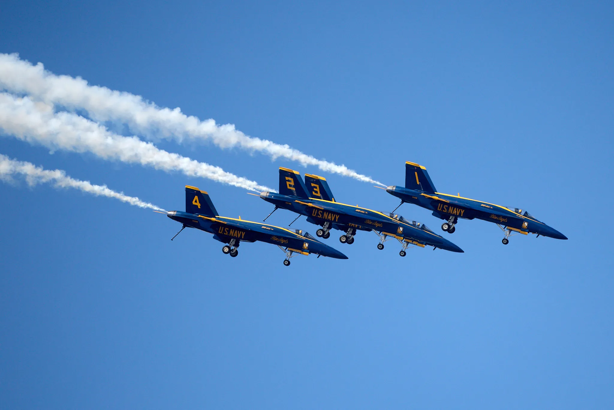 US Navy Blue Angels the diamond descending in a dirty landing formation