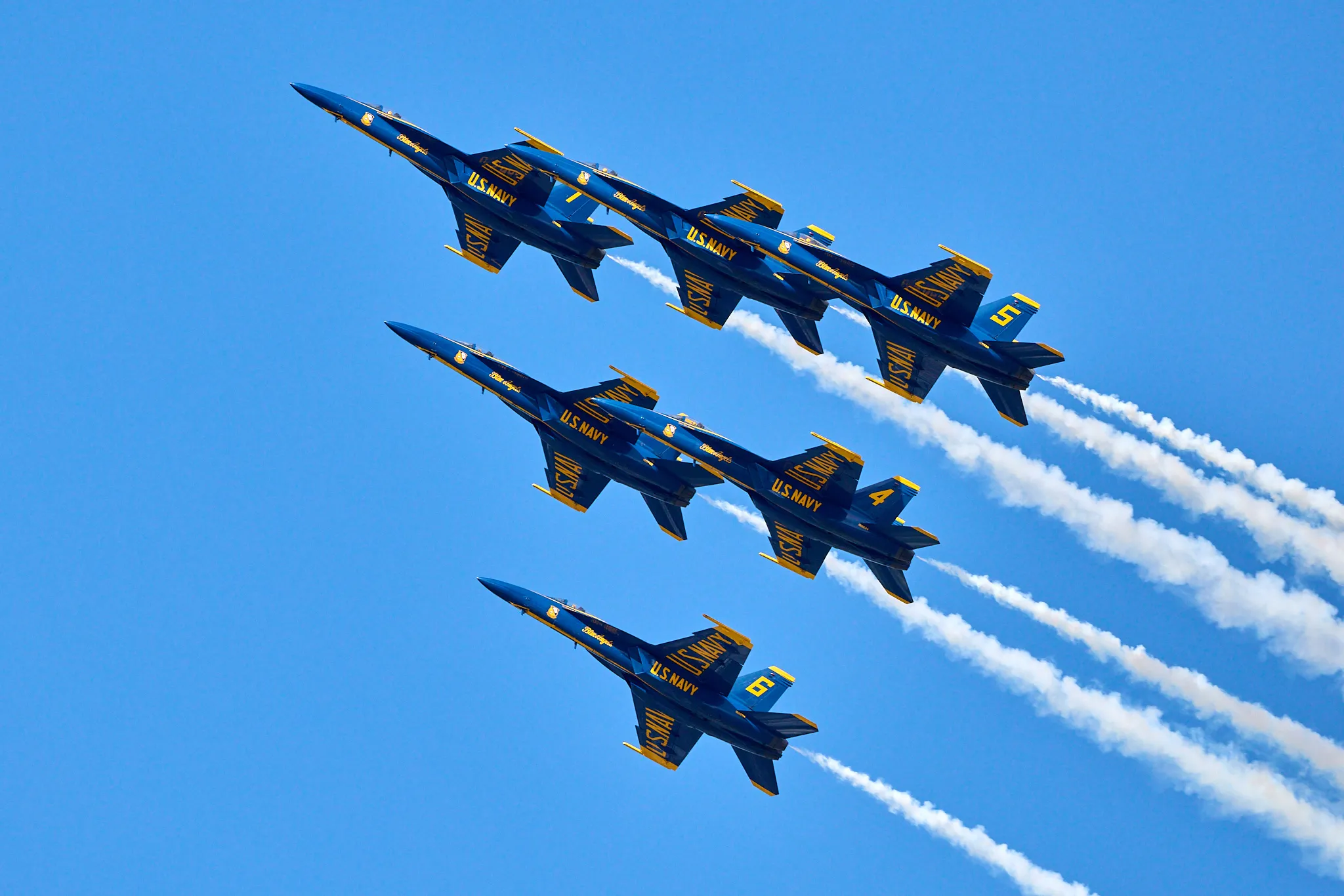 US Navy Blue Angels entire team in formation on a pass